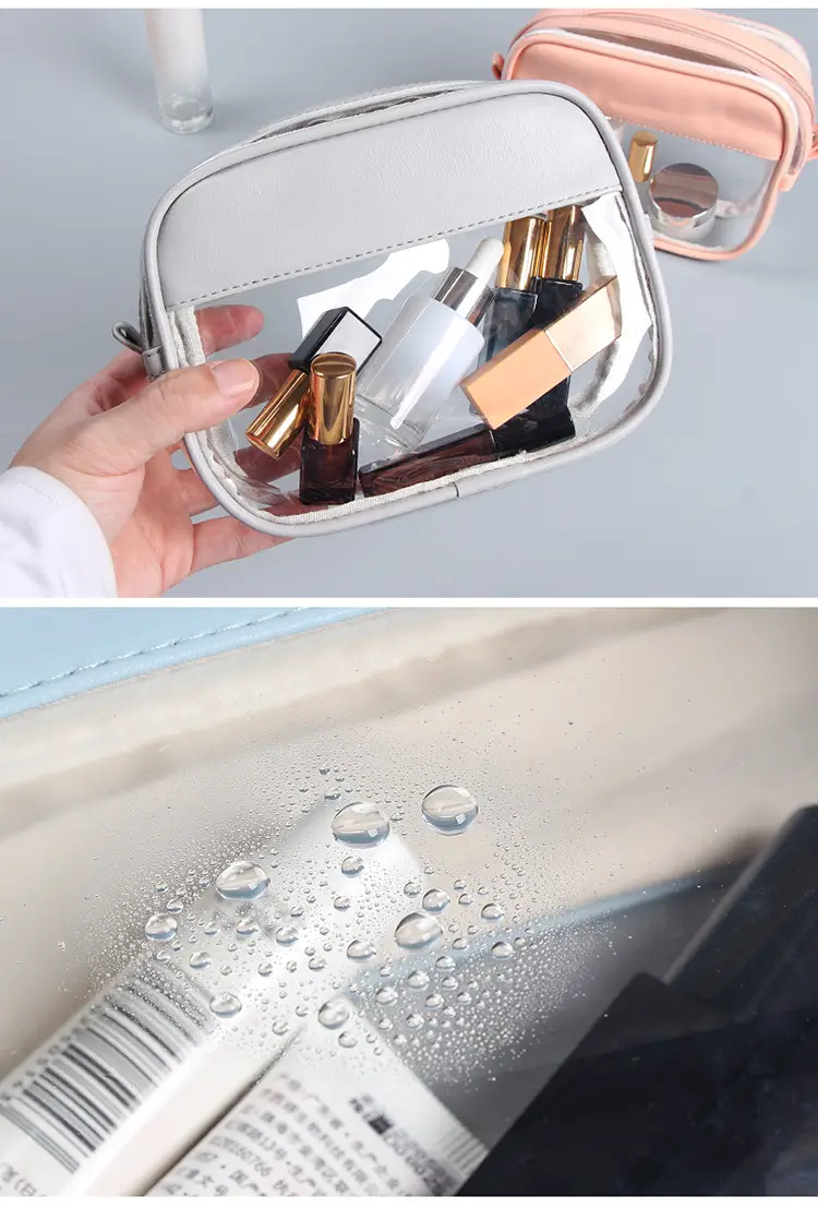 Retail store shelf display of wholesale clear mini makeup bags near checkout register counters